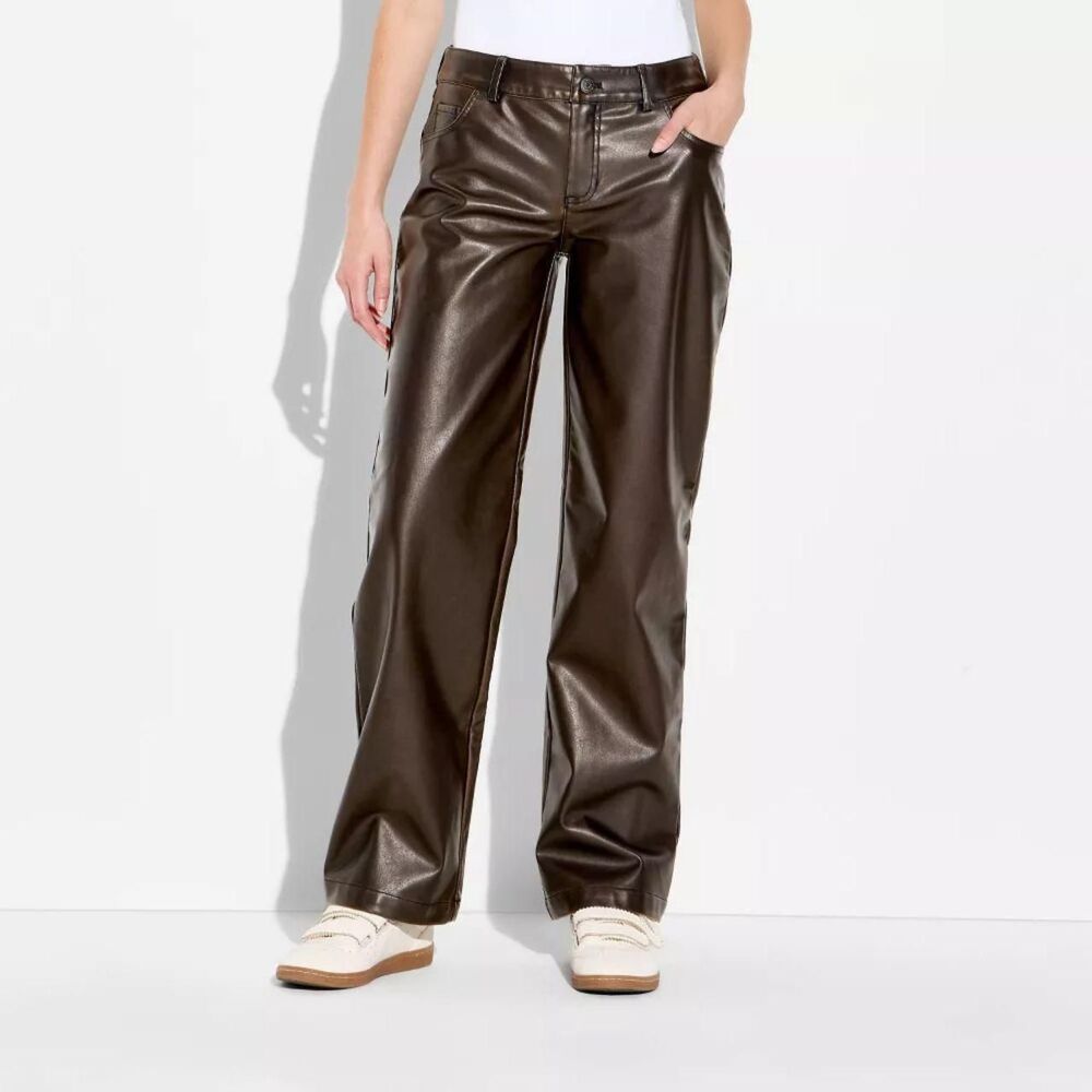 Wild Fable Brown Faux Leather Wide Leg Pants Y2K High Rise Size 12 NWT